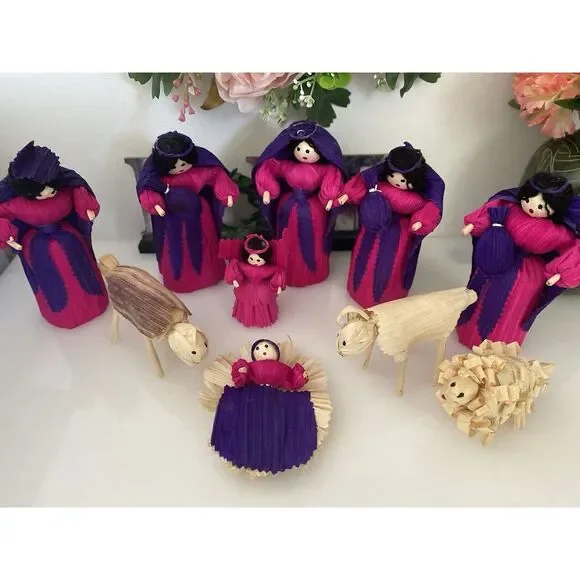 10 Piece Handmade Vtg Christmas Nativity Set Corn Husk 5" Dolls Roatan Honduras - Picture 4 of 16